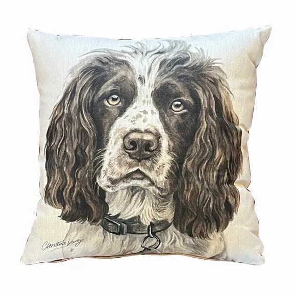 Square Cushion with Dog Print - Cream, Suede