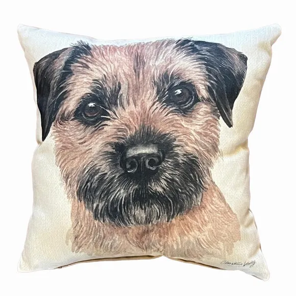 Square Cushion with Dog Print - Cream, Suede