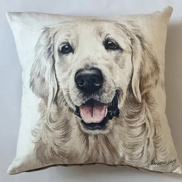 Square Cushion with Dog Print - White, Polyester