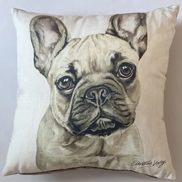 Square Cushion with Dog Print - White, Polyester