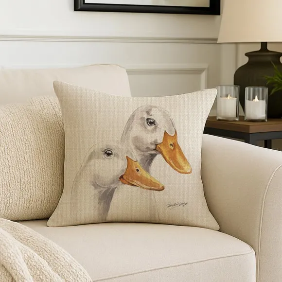 Square Cushion with Duck Print - Cream