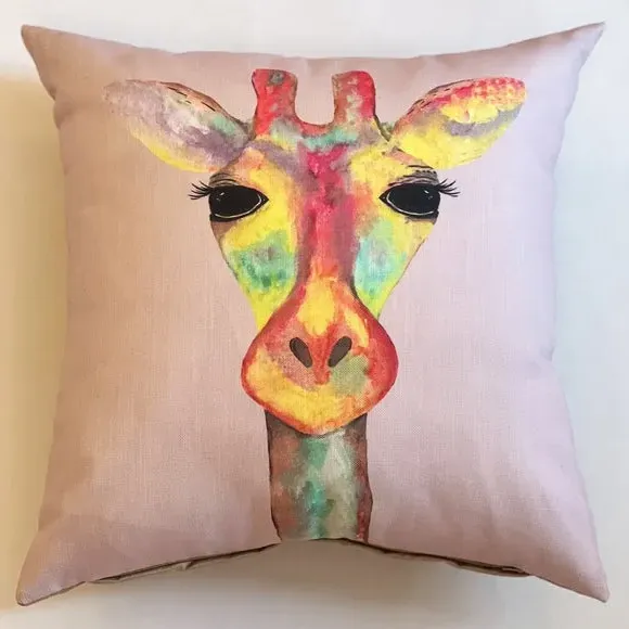 Square Cushion with Giraffe Print - Pink, Polyester