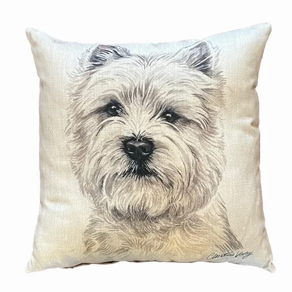 Square Cushion with Highland Terrier Print - Cream