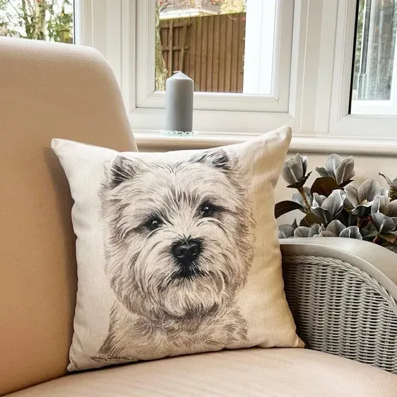 Square Cushion with Highland Terrier Print - Cream image