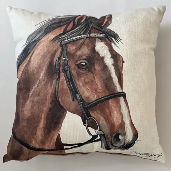 Square Cushion with Horse Print - Brown, Polyester
