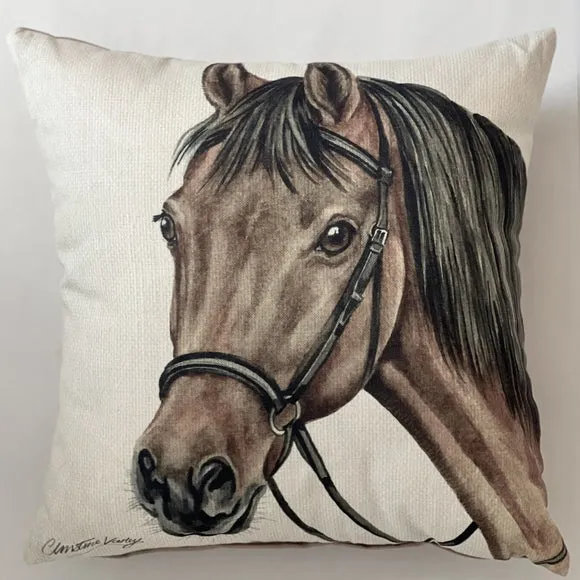 Square Cushion with Horse Print - Brown, Polyester