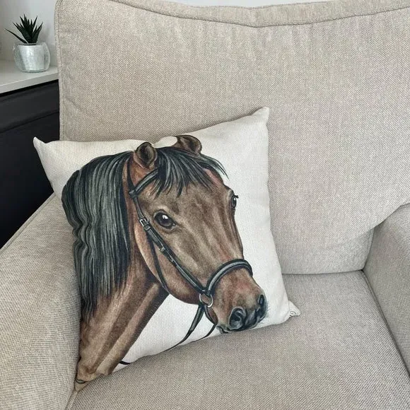 Square Cushion with Horse Print - Brown, Polyester image