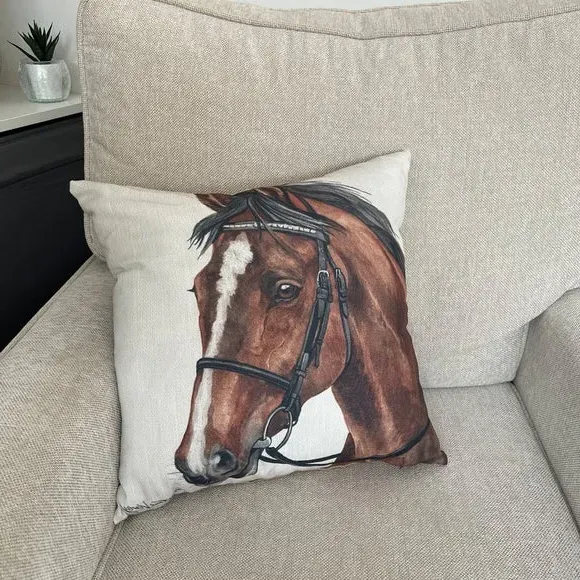 Square Cushion with Horse Print - Brown, Polyester