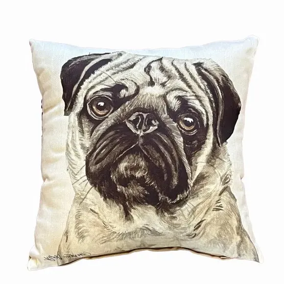 Square Cushion with Pug Print - Cream, Suede