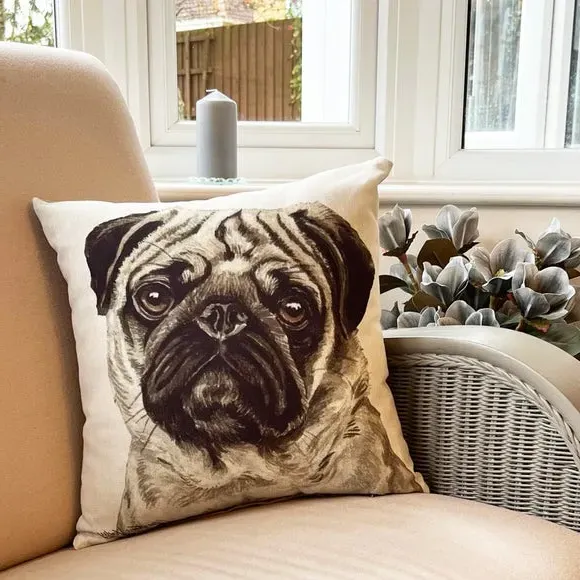 Square Cushion with Pug Print - Cream, Suede image