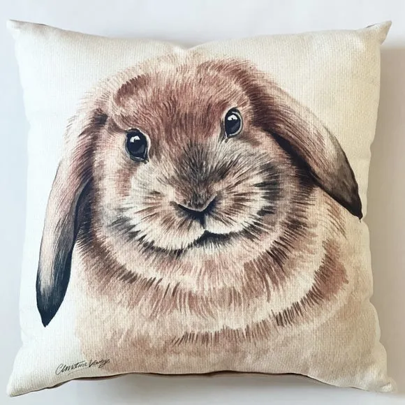 Square Cushion with Rabbit Print - Brown, Polyester