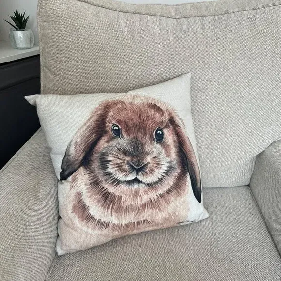 Square Cushion with Rabbit Print - Brown, Polyester image