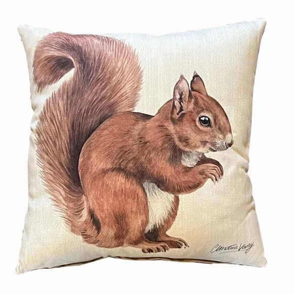 Square Cushion with Red Squirrel Print - Cream