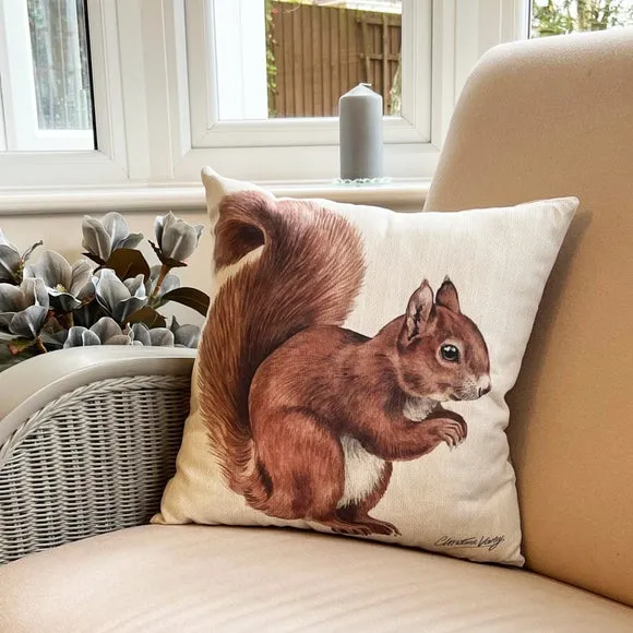 Square Cushion with Red Squirrel Print - Cream image