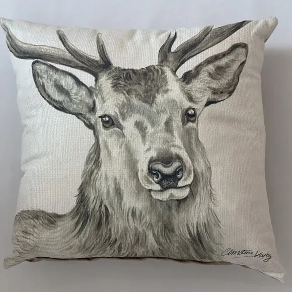 Square Cushion with Stag Print - Grey, Polyester