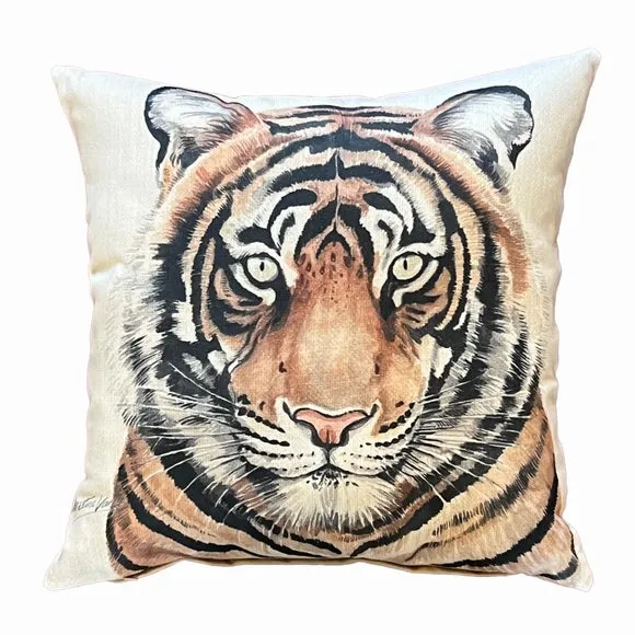 Square Cushion with Tiger Print - Cream