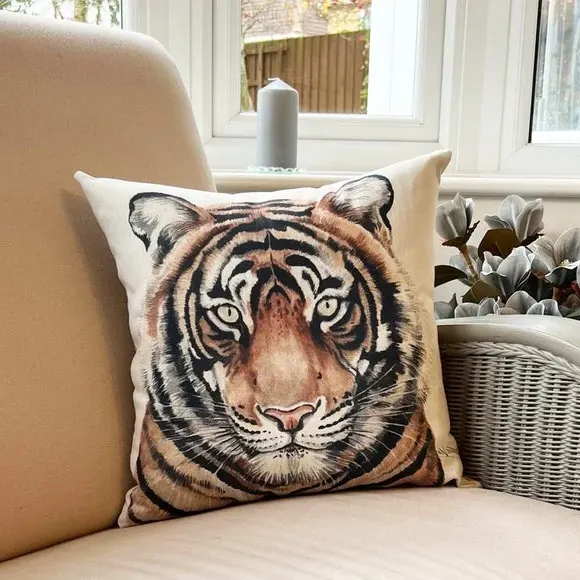 Square Cushion with Tiger Print - Cream image