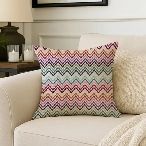 Square Cushion with Zig Zag Print - Multicolor