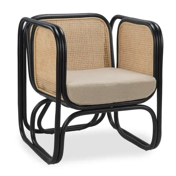 Rattan Chair with Boucle Cushion - Black, Rattan