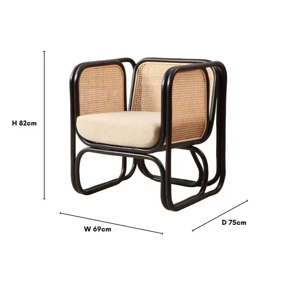 Rattan Chair with Boucle Cushion - Black, Rattan