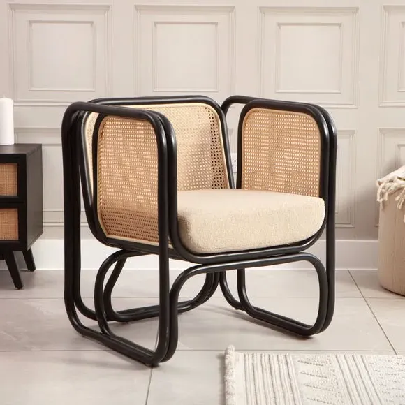 Rattan Chair with Boucle Cushion - Black, Rattan image