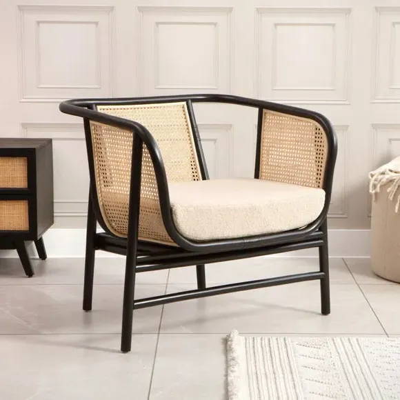 Rattan Chair with Boucle Cushion - Black image