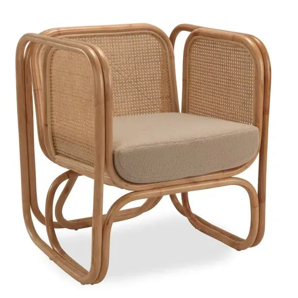 Rattan Chair with Boucle Cushion - Natural, Rattan