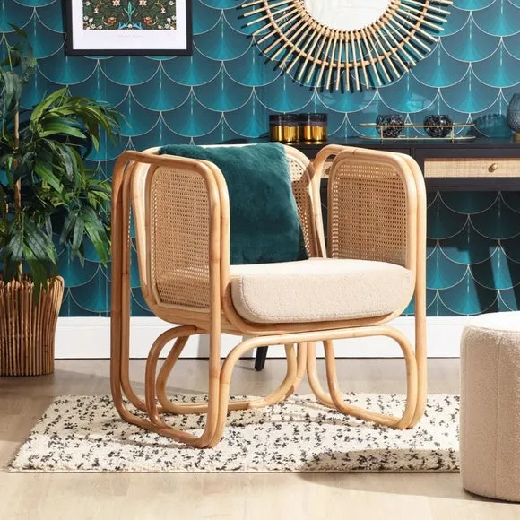 Rattan Chair with Boucle Cushion - Natural, Rattan