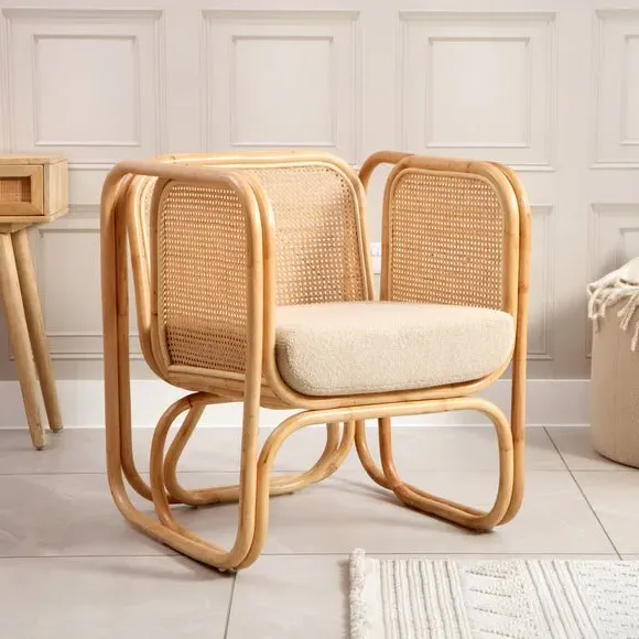 Rattan Chair with Boucle Cushion - Natural, Rattan