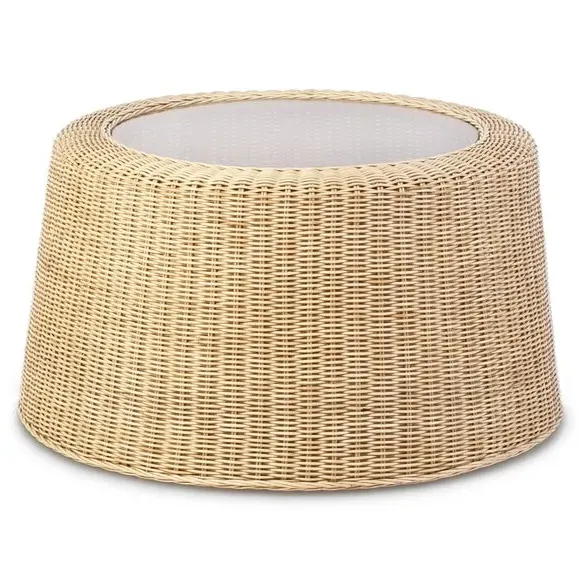 Round Coffee Table with Glass Top - Natural, Rattan