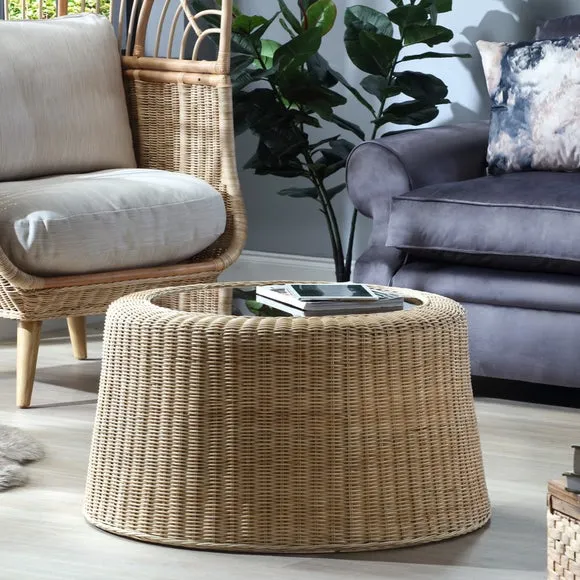 Round Coffee Table with Glass Top - Natural, Rattan