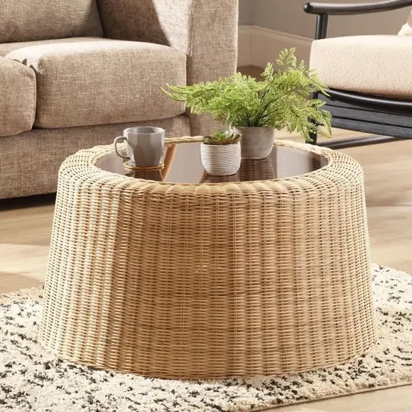 Round Coffee Table with Glass Top - Natural, Rattan