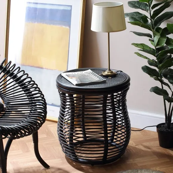 Round Side Table - Black, Rattan