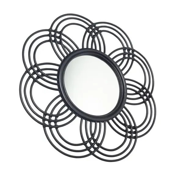 Round Wall Mirror Flower Frame - Black, Rattan