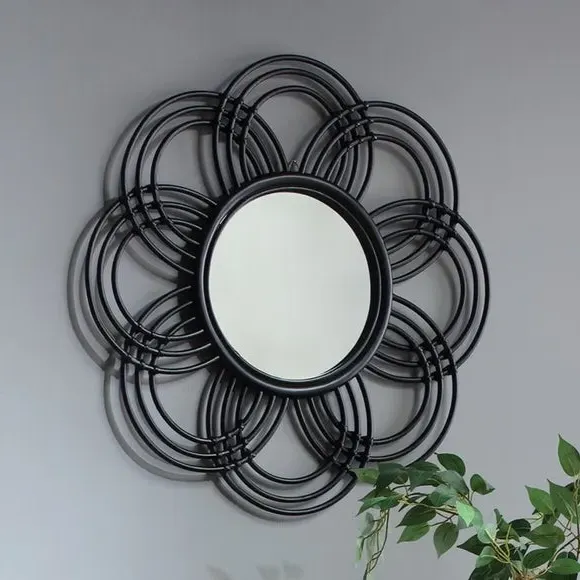 Round Wall Mirror Flower Frame - Black, Rattan image