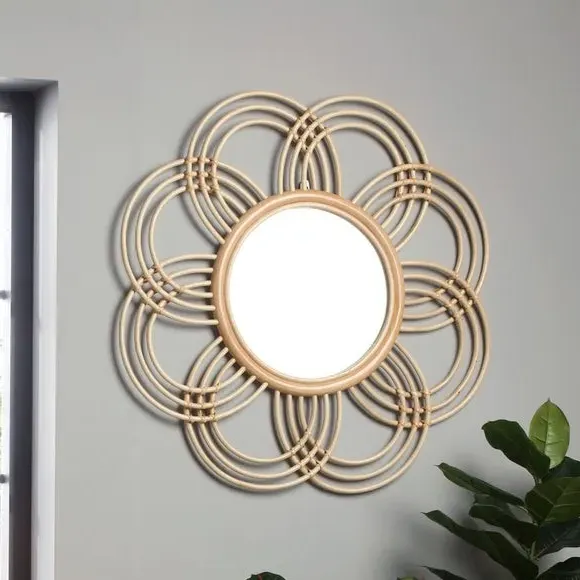 Round Wall Mirror Flower Frame - Natural, Rattan