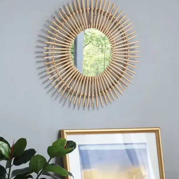 Round Wall Mirror Starburst Design - Natural Rattan