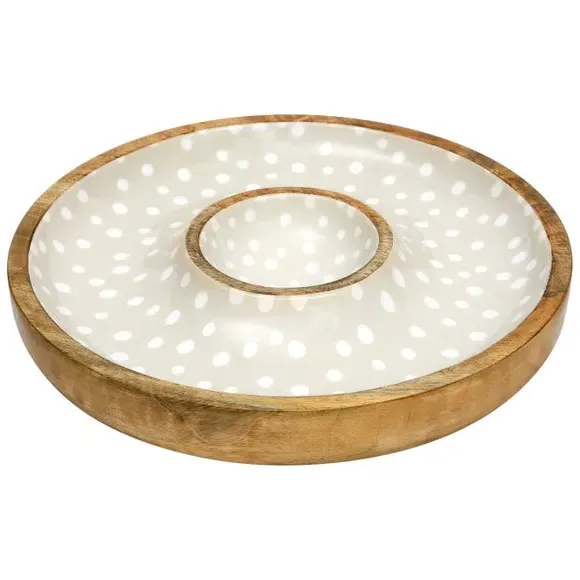 Chip and Dip Bowl with Inner Well - Stone, Mango Wood