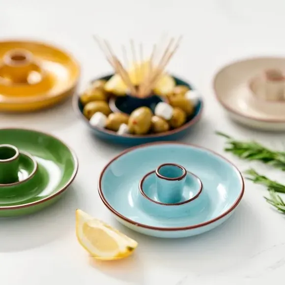 Glazed Olive Dish with Pip Well - Duck Egg, Terracotta image