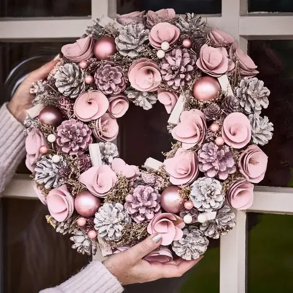 38cm Rose Wreath - Pink, Mixed Materials