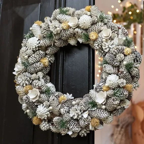 50cm Artificial Wreath with Frosted Cones - White image