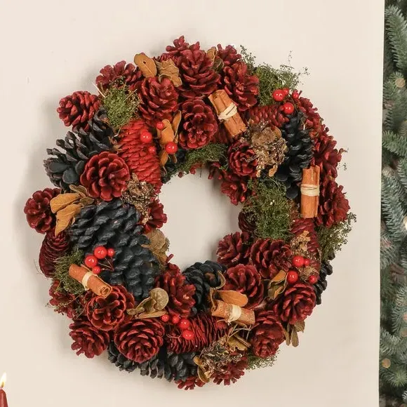 Artificial Cinnamon Wreath - Red, Wood Base
