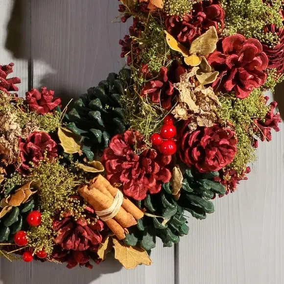 Artificial Cinnamon Wreath - Red, Wood Base
