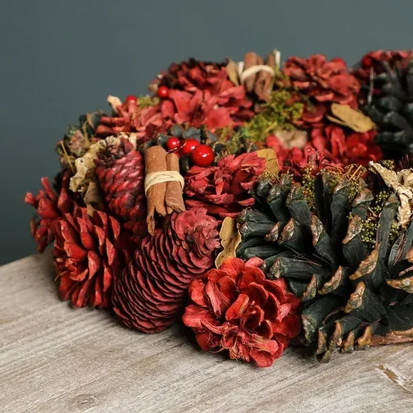 Artificial Cinnamon Wreath - Red, Wood Base