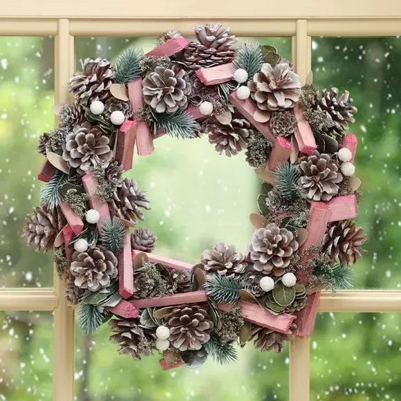 Artificial Wreath with Snow Effect - Pink, Wood