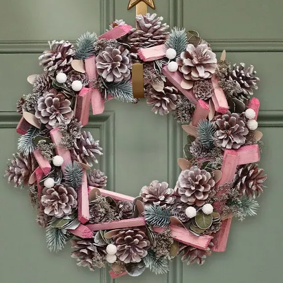 Artificial Wreath with Snow Effect - Pink, Wood image