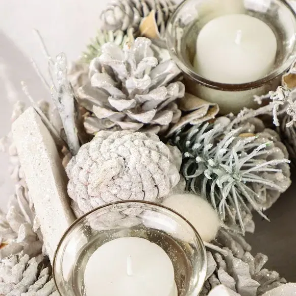 Candle Holder Wreath with Foliage - White