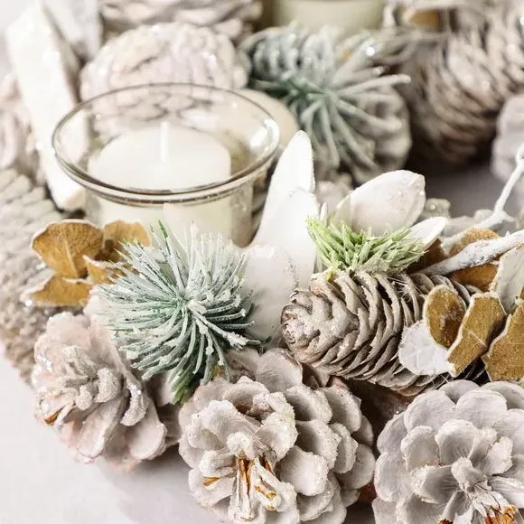 Candle Holder Wreath with Foliage - White