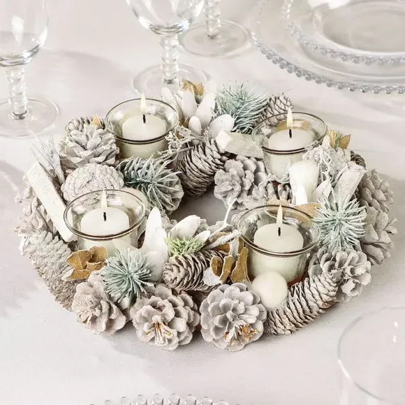 Candle Holder Wreath with Foliage - White image