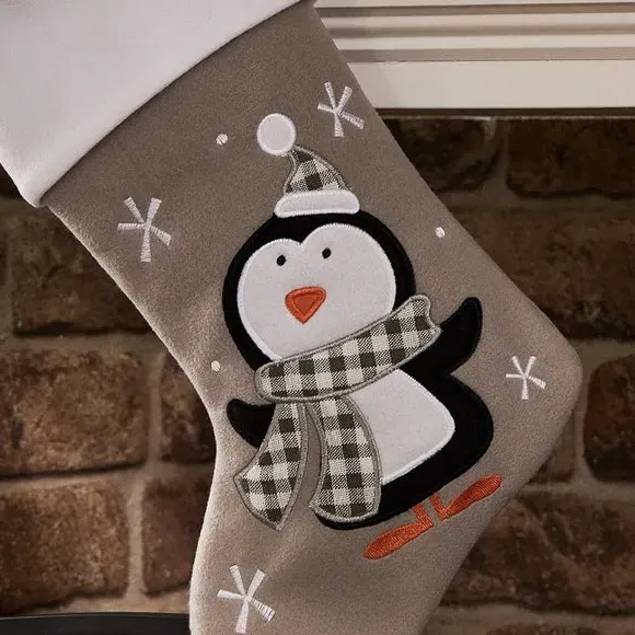 Christmas Stocking with Penguin Design - Grey